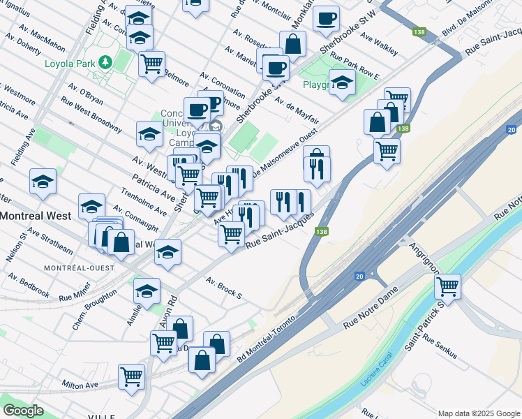map of restaurants, bars, coffee shops, grocery stores, and more near 2070 West Broadway Street in Montreal