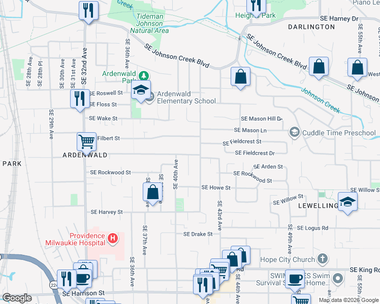 map of restaurants, bars, coffee shops, grocery stores, and more near 4103 Southeast Olsen Street in Milwaukie