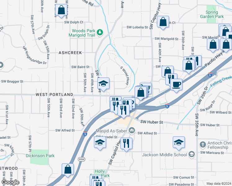 map of restaurants, bars, coffee shops, grocery stores, and more near 4545 Southwest Taylors Ferry Road in Portland