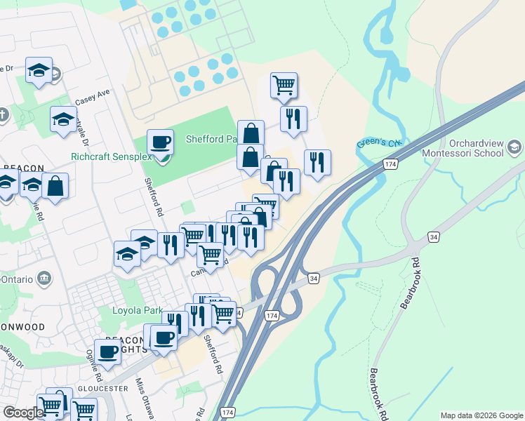 map of restaurants, bars, coffee shops, grocery stores, and more near 5350 Canotek Road in Ottawa