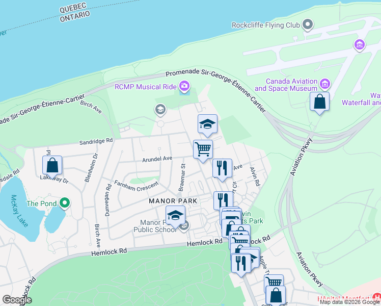 map of restaurants, bars, coffee shops, grocery stores, and more near 1 Arundel Avenue in Ottawa