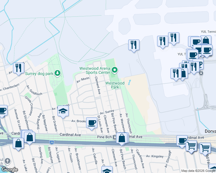 map of restaurants, bars, coffee shops, grocery stores, and more near 1590 Place Hutchins in Dorval