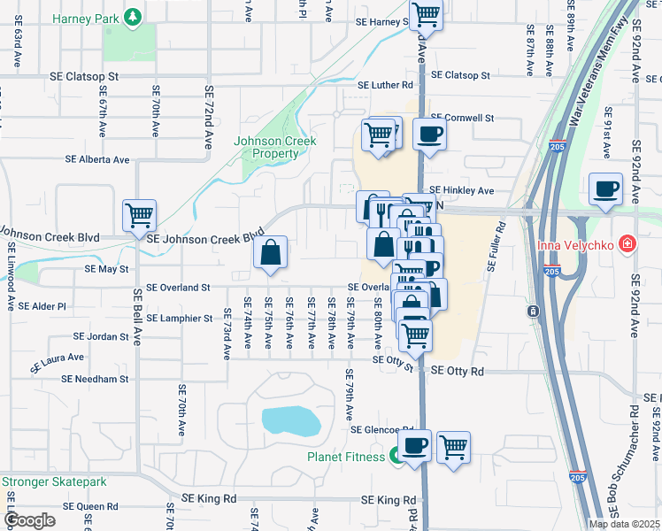 map of restaurants, bars, coffee shops, grocery stores, and more near 7830 Southeast Clackamas Street in Portland