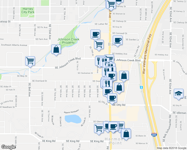 map of restaurants, bars, coffee shops, grocery stores, and more near 7999 Southeast Overland Street in Portland