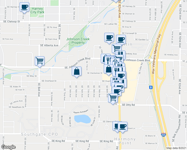 map of restaurants, bars, coffee shops, grocery stores, and more near 7867 Southeast Overland Street in Milwaukie