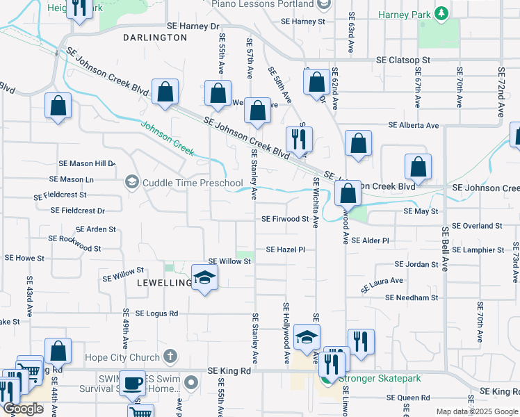 map of restaurants, bars, coffee shops, grocery stores, and more near 5810 Southeast Firwood Street in Milwaukie