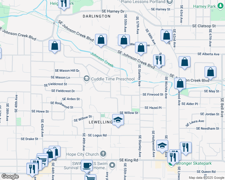 map of restaurants, bars, coffee shops, grocery stores, and more near 9516 Southeast Winsor Drive in Milwaukie