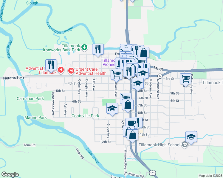 map of restaurants, bars, coffee shops, grocery stores, and more near 1706 5th Street in Tillamook