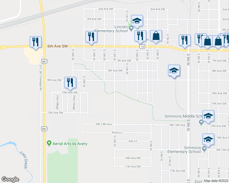 map of restaurants, bars, coffee shops, grocery stores, and more near South 12th Street in Aberdeen