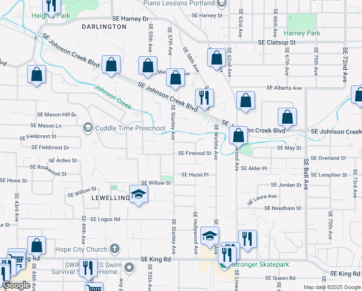 map of restaurants, bars, coffee shops, grocery stores, and more near 5810 Southeast Firwood Street in Milwaukie