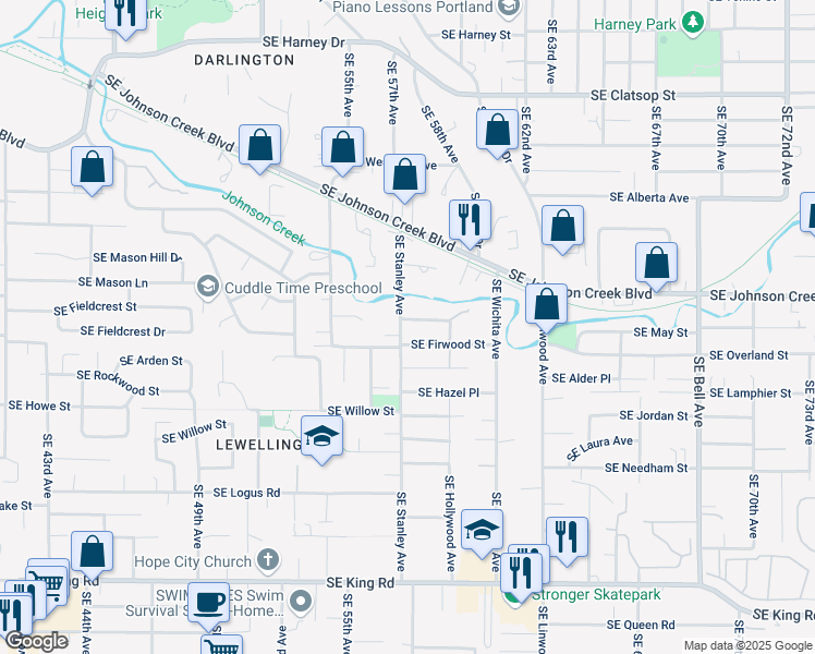 map of restaurants, bars, coffee shops, grocery stores, and more near 5810 Southeast Firwood Street in Milwaukie