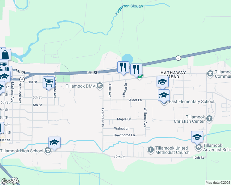 map of restaurants, bars, coffee shops, grocery stores, and more near 403 Pine Avenue in Tillamook