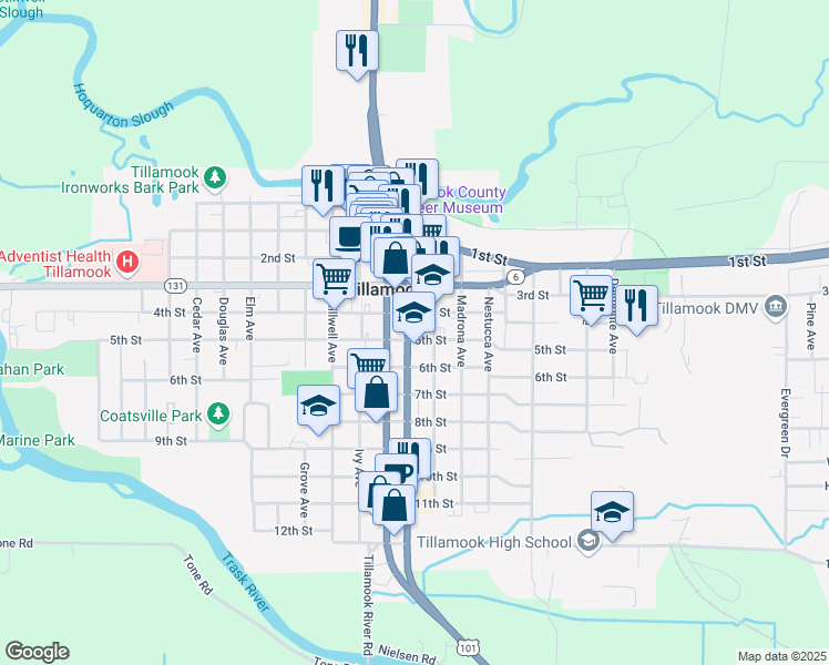 map of restaurants, bars, coffee shops, grocery stores, and more near 2101 5th Street in Tillamook