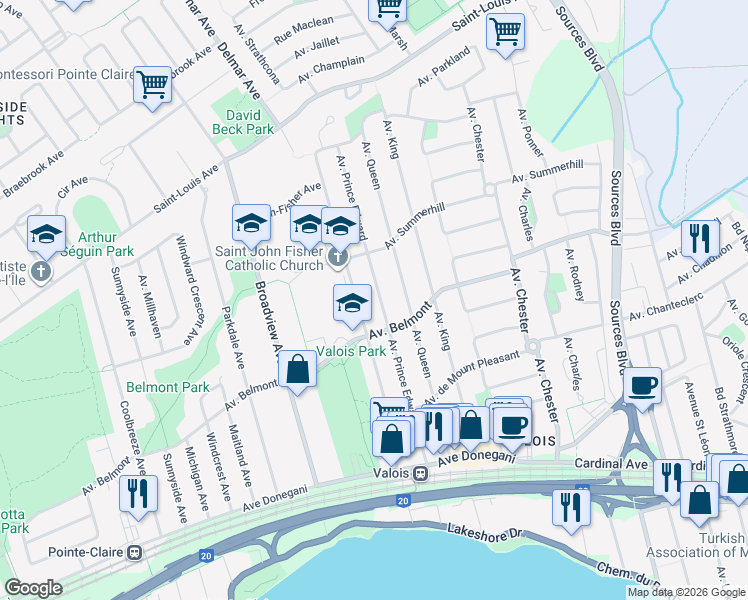 map of restaurants, bars, coffee shops, grocery stores, and more near 80 Avenue Prince Edward in Pointe-Claire