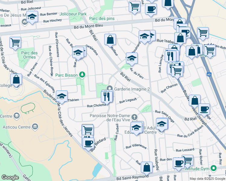 map of restaurants, bars, coffee shops, grocery stores, and more near 109 Rue Corbeil in Gatineau