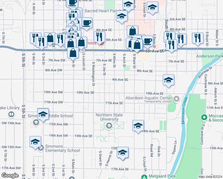 map of restaurants, bars, coffee shops, grocery stores, and more near 1000-1020 South Kline Street in Aberdeen