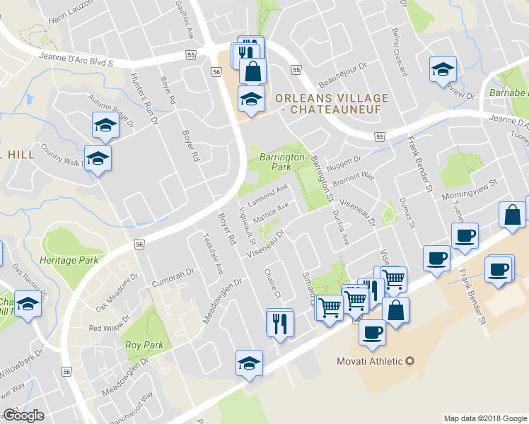 map of restaurants, bars, coffee shops, grocery stores, and more near 6353 Mattice Avenue in Ottawa