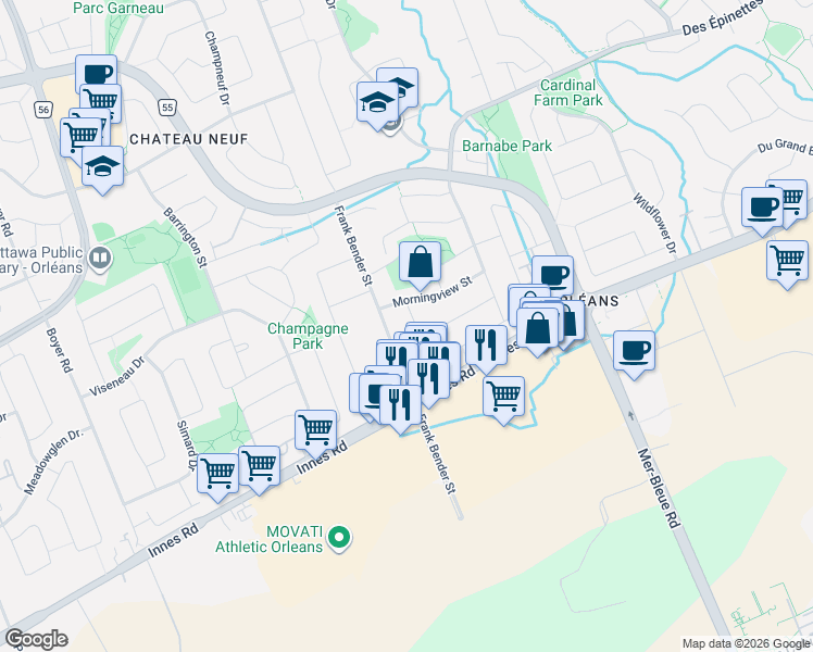 map of restaurants, bars, coffee shops, grocery stores, and more near 6526 Tooney Drive in Ottawa
