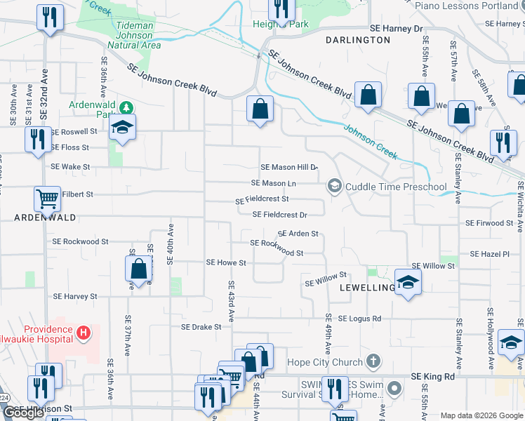 map of restaurants, bars, coffee shops, grocery stores, and more near 4505 Southeast Fieldcrest Drive in Milwaukie