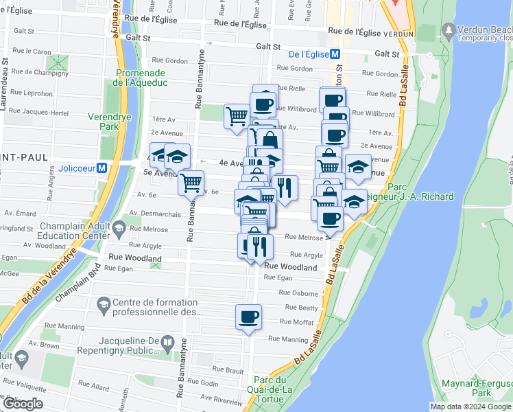 map of restaurants, bars, coffee shops, grocery stores, and more near 5149 Rue de Verdun in Montréal