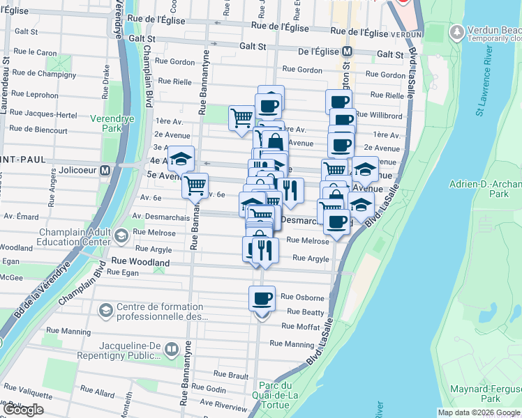 map of restaurants, bars, coffee shops, grocery stores, and more near in Montreal