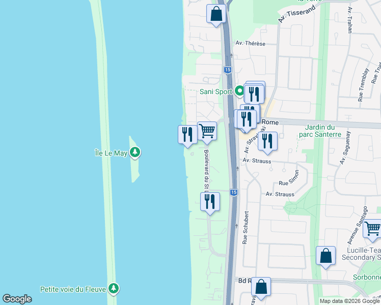 map of restaurants, bars, coffee shops, grocery stores, and more near 8050 Boulevard du Saint Laurent in Brossard