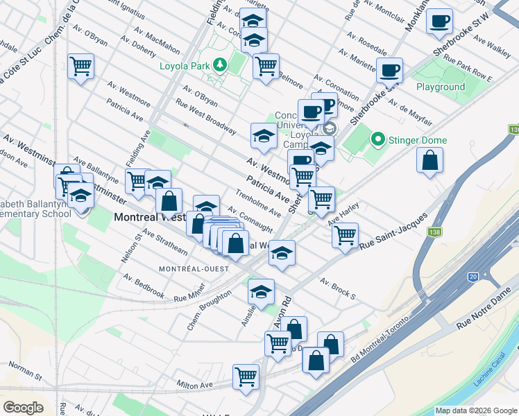 map of restaurants, bars, coffee shops, grocery stores, and more near 3480 Avenue Trenholme in Montréal