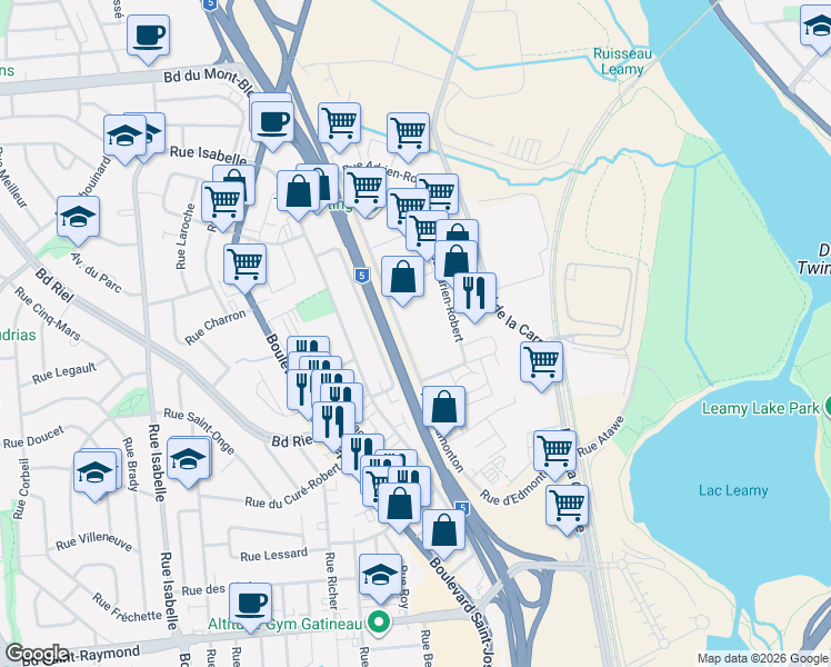 map of restaurants, bars, coffee shops, grocery stores, and more near 150 Rue d'Edmonton in Gatineau