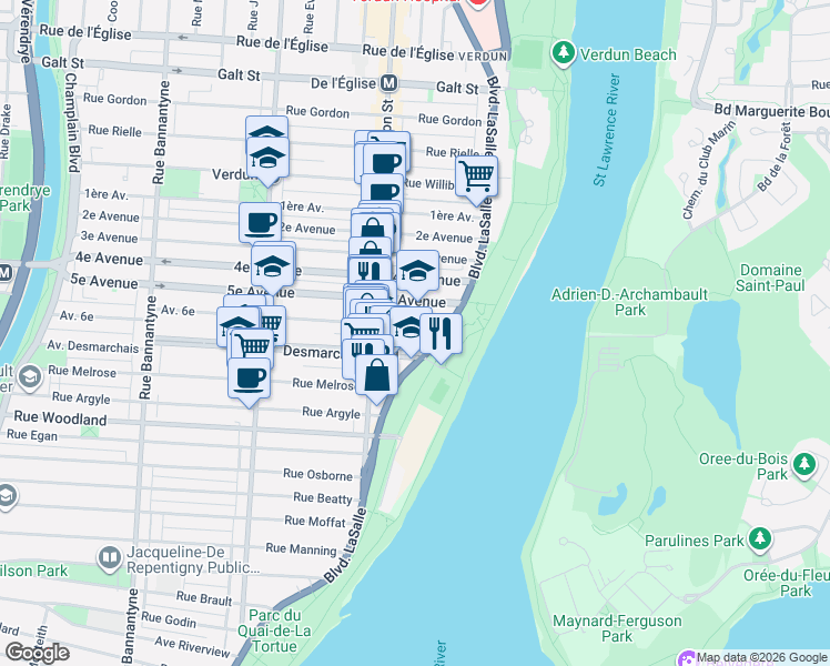 map of restaurants, bars, coffee shops, grocery stores, and more near 94 Avenue 6e in Montréal