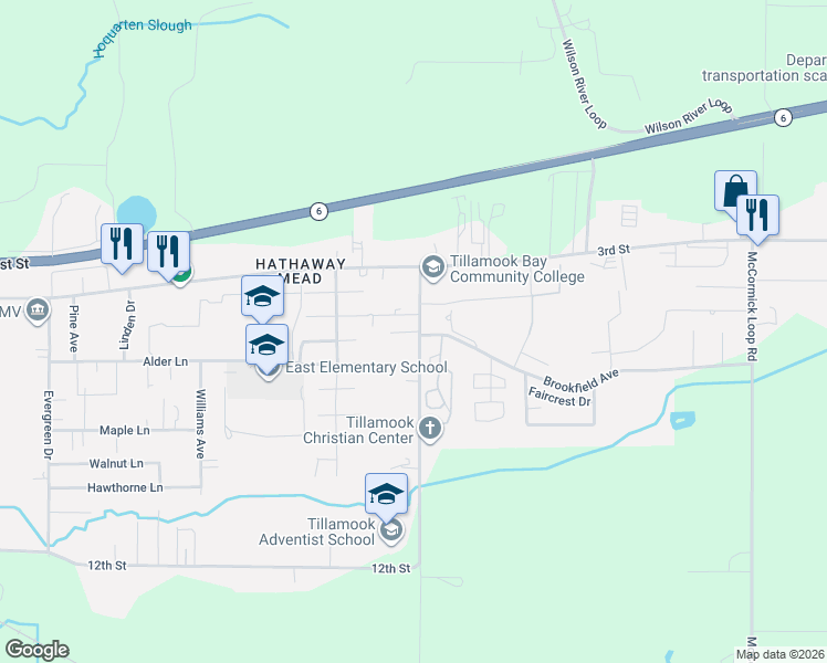 map of restaurants, bars, coffee shops, grocery stores, and more near 412 Marolf Loop Road in Tillamook