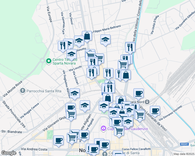 map of restaurants, bars, coffee shops, grocery stores, and more near 12 Corso Risorgimento in Novara