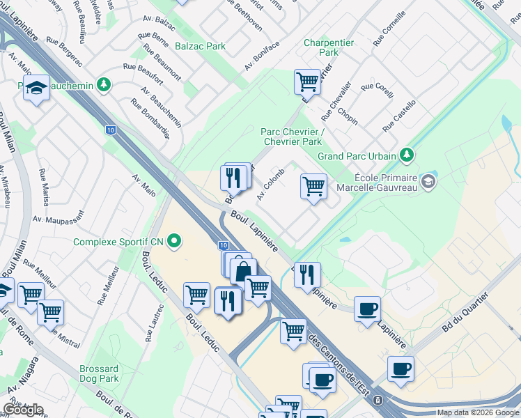 map of restaurants, bars, coffee shops, grocery stores, and more near 3825 Avenue Colomb in Brossard