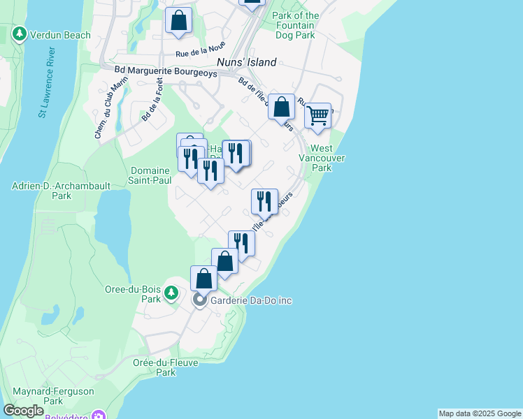 map of restaurants, bars, coffee shops, grocery stores, and more near 500 Rue François in Montréal