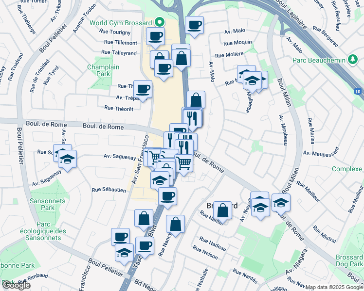 map of restaurants, bars, coffee shops, grocery stores, and more near Boulevard Taschereau in Brossard