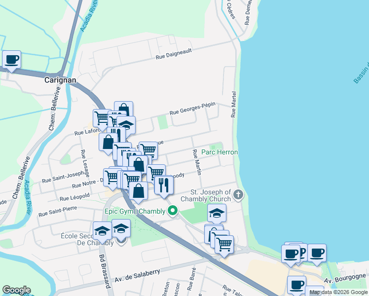 map of restaurants, bars, coffee shops, grocery stores, and more near 229 Rue Saint-Joseph in Chambly