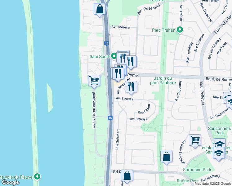 map of restaurants, bars, coffee shops, grocery stores, and more near 500 Avenue Stravinski in Brossard