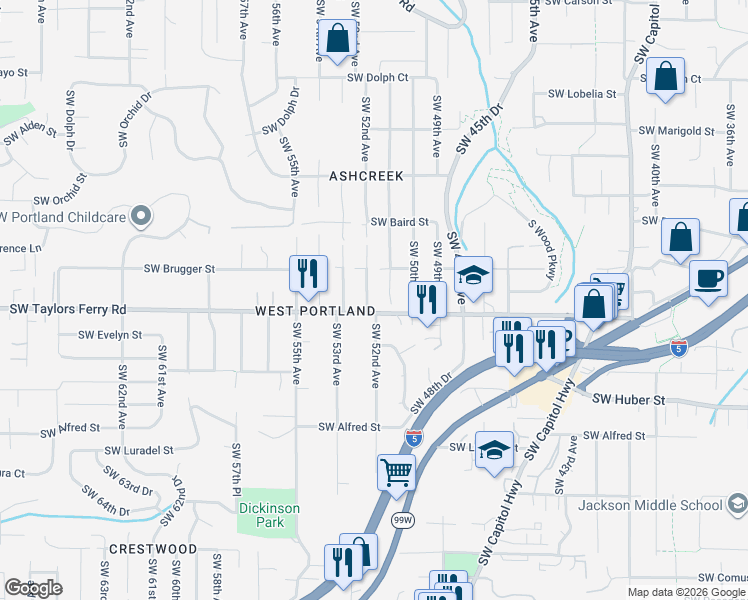 map of restaurants, bars, coffee shops, grocery stores, and more near 9710 Southwest 52nd Avenue in Portland