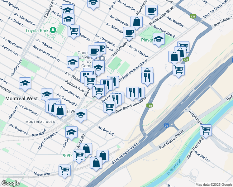 map of restaurants, bars, coffee shops, grocery stores, and more near 7320 Avenue Harley in Montreal