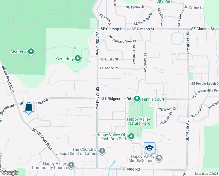 map of restaurants, bars, coffee shops, grocery stores, and more near Southeast Callahan Road in Happy Valley