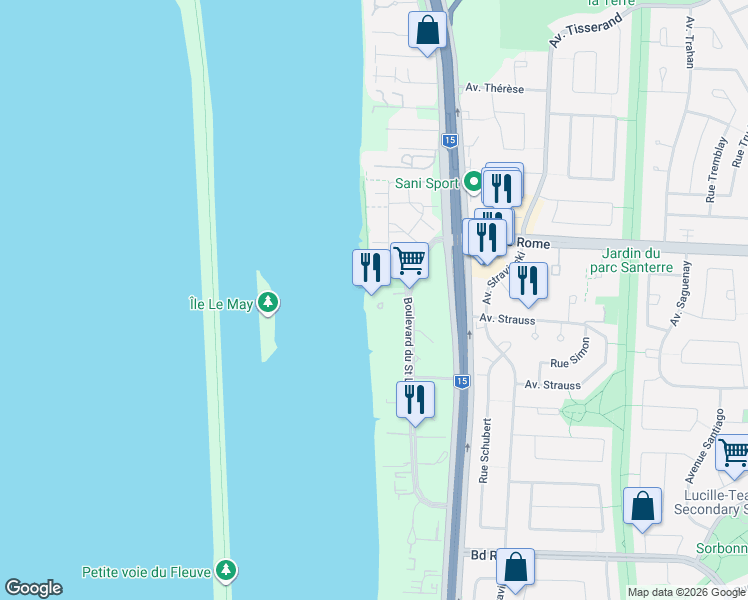 map of restaurants, bars, coffee shops, grocery stores, and more near 8050 Boulevard du Saint Laurent in Brossard