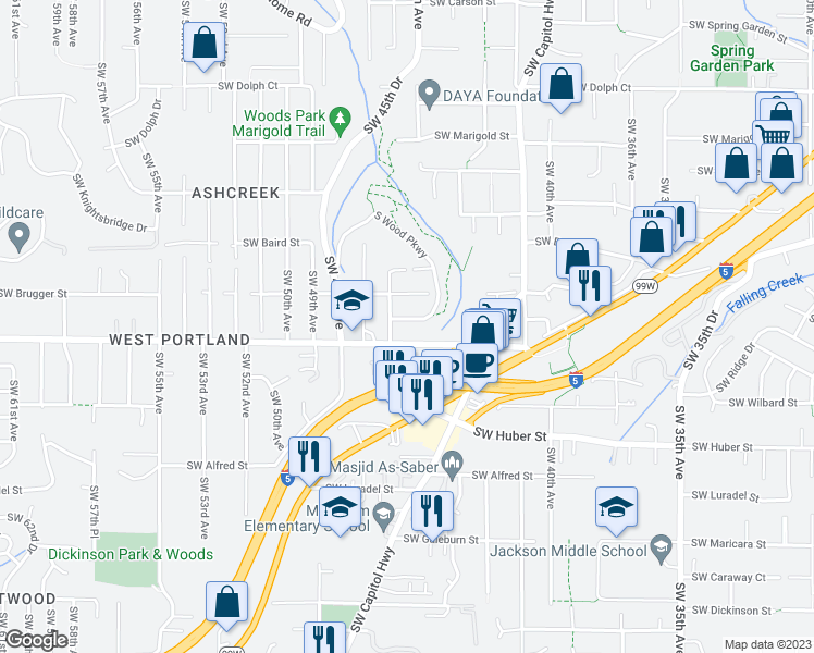 map of restaurants, bars, coffee shops, grocery stores, and more near 4526 Southwest Wood Parkway in Portland