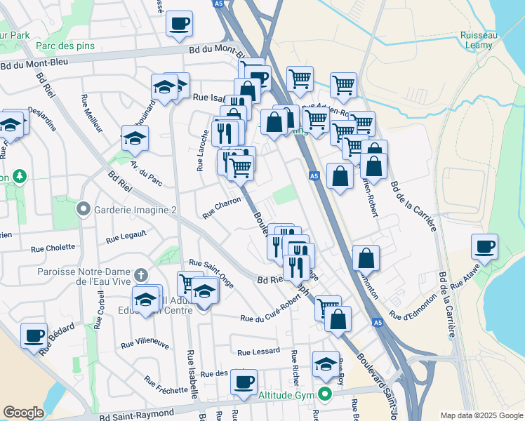 map of restaurants, bars, coffee shops, grocery stores, and more near 700 Boulevard Saint-Joseph in Gatineau