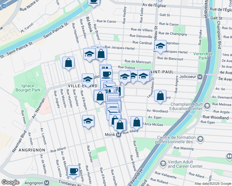map of restaurants, bars, coffee shops, grocery stores, and more near 6380 Rue Briand in Montréal
