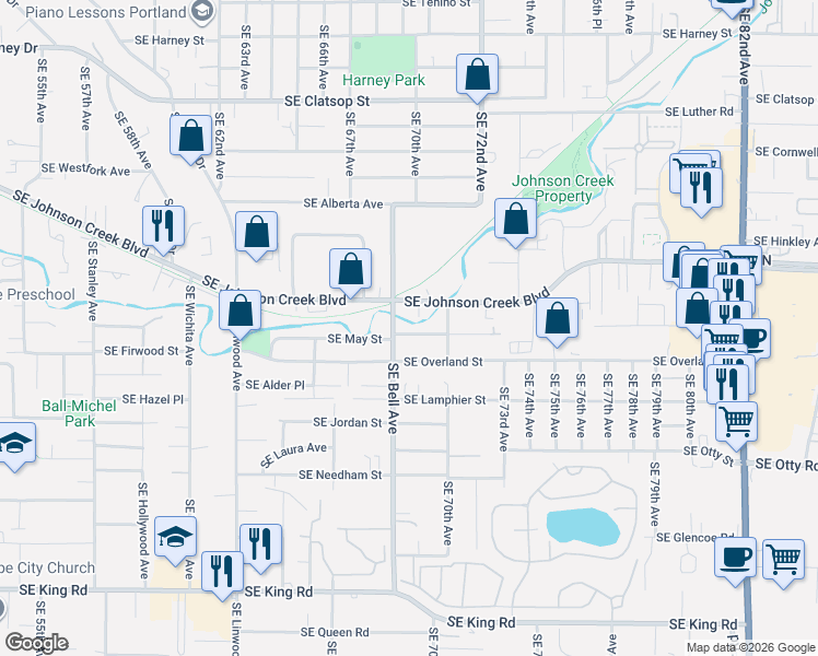 map of restaurants, bars, coffee shops, grocery stores, and more near 6821 Southeast Brehaut Street in Milwaukie