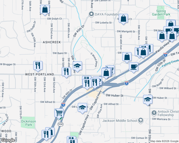 map of restaurants, bars, coffee shops, grocery stores, and more near 4526 Southwest Wood Parkway in Portland