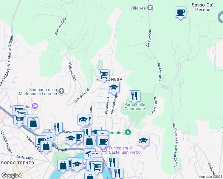 map of restaurants, bars, coffee shops, grocery stores, and more near 58 Via Marsala in Verona