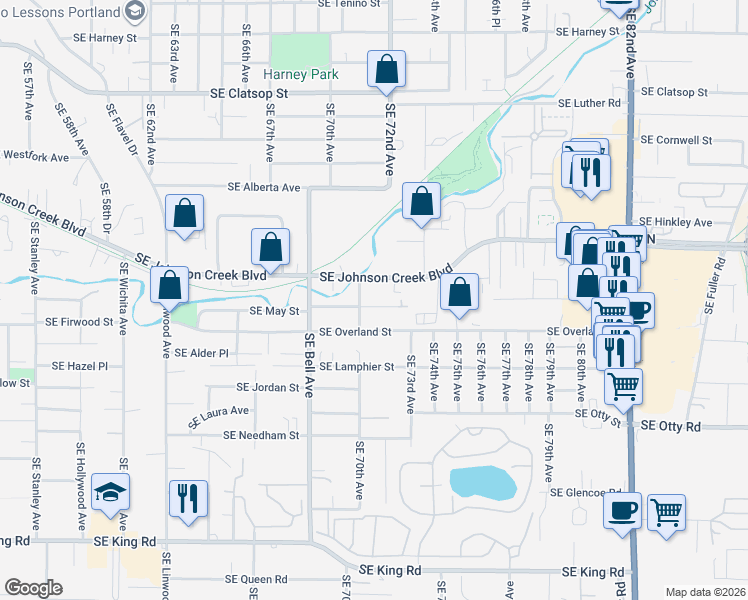 map of restaurants, bars, coffee shops, grocery stores, and more near 7001 Southeast Overland Street in Milwaukie