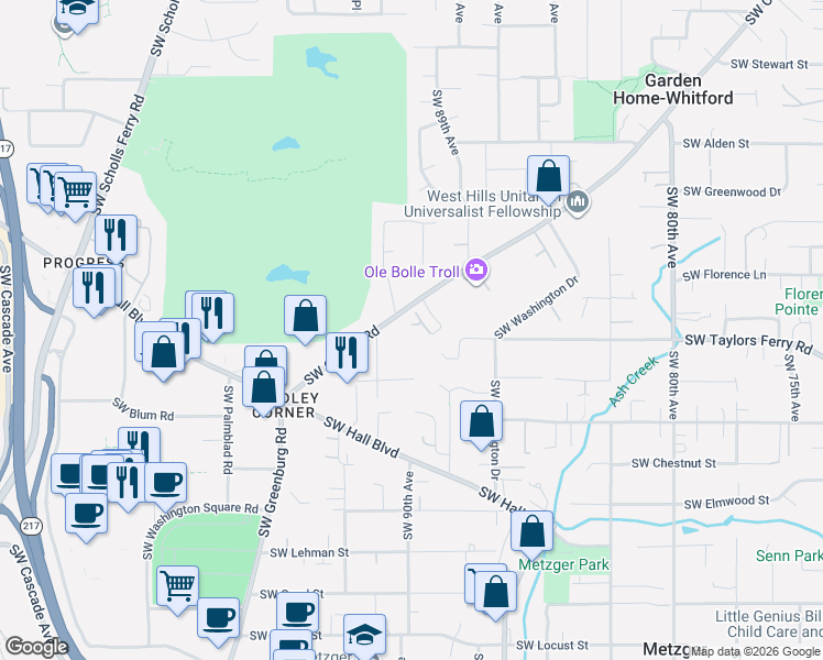 map of restaurants, bars, coffee shops, grocery stores, and more near 9054 Southwest 91st Avenue in Portland
