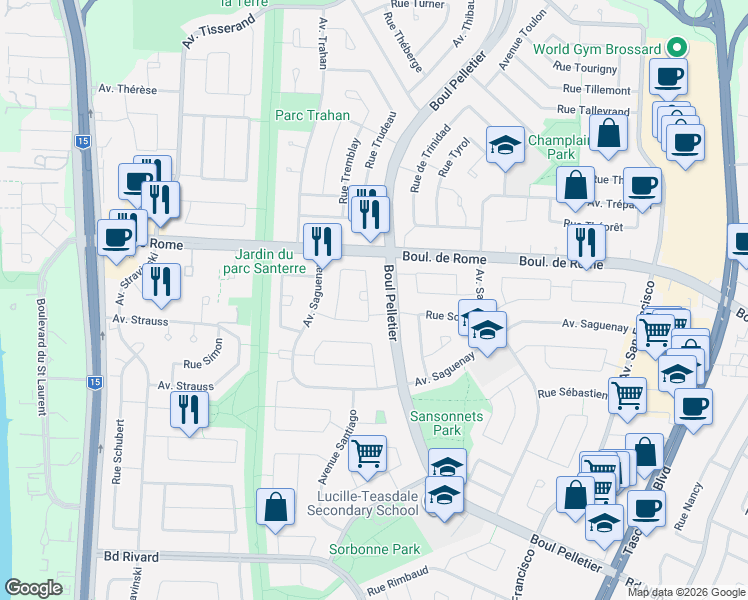 map of restaurants, bars, coffee shops, grocery stores, and more near 1355 Croissant de Séville in Brossard
