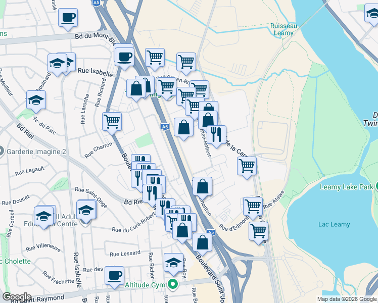 map of restaurants, bars, coffee shops, grocery stores, and more near 150 Rue d'Edmonton in Gatineau